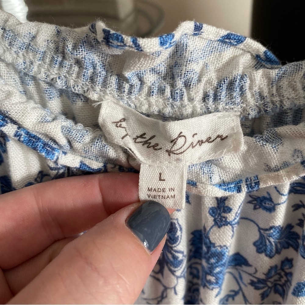 By The River Blue White Porcelain Floral Print Linen Blend Cut Out Midi Dress L - Picture 16 of 16